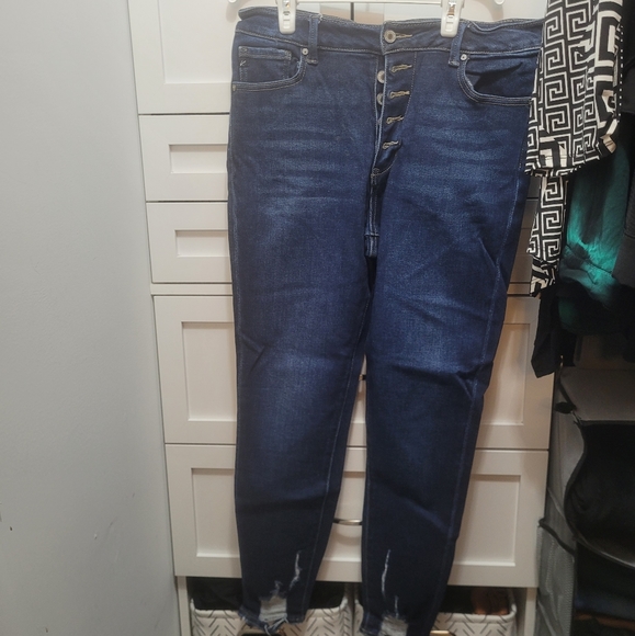 KanCanHigh Rise Dark Destructed Hem Button Fly Skinny Jean - Picture 1 of 3